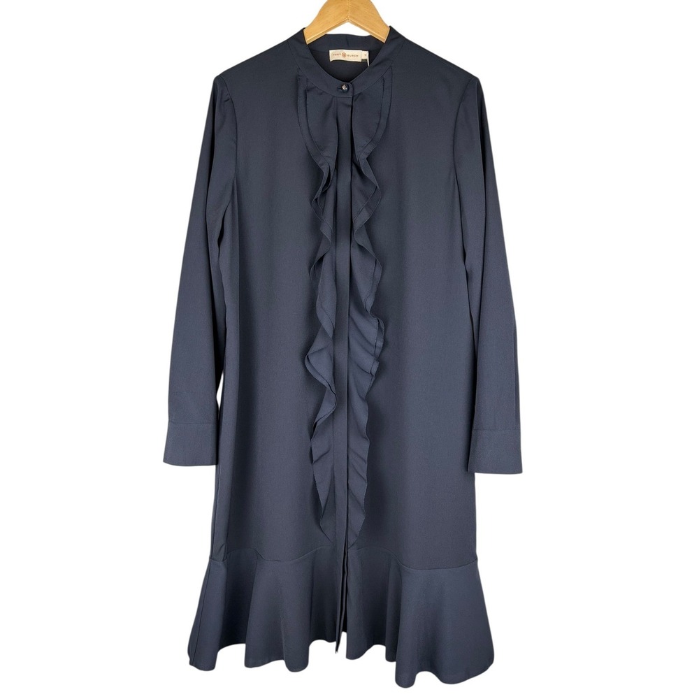 Tory Burch Jane Navy Ruffle Front Long Sleeve Shift Dress Size 14 NWT - Picture 2 of 14